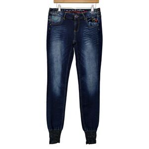 Desigual Women's Embroidered Elastic Hem‎ Jogger Jeans Size 32 Blue Denim Artsy